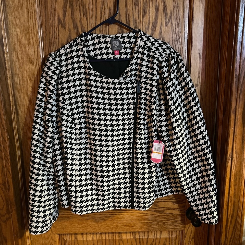 Vince Camuto Black and White Houndstooth Moto Jacket